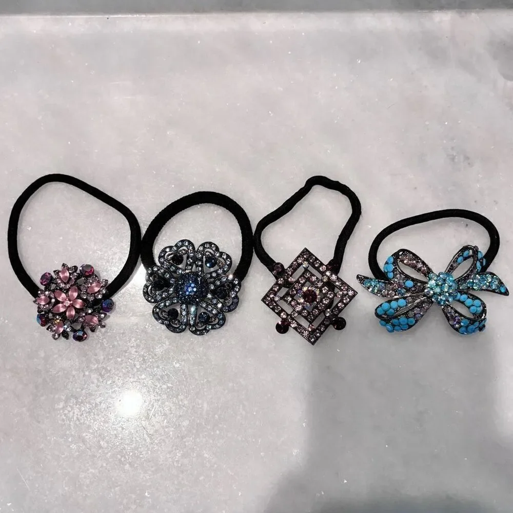 Lot Of 4 Vintage Sparkly Rhinestone Embellished Elastic Ponytail Hair Ties Multi